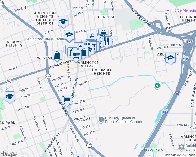 map of restaurants, bars, coffee shops, grocery stores, and more near 13th Rd S & S Cleveland St in Arlington