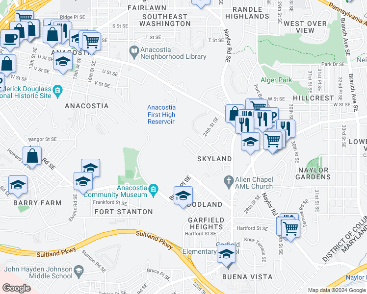 map of restaurants, bars, coffee shops, grocery stores, and more near 2486 Skyland Place Southeast in Washington