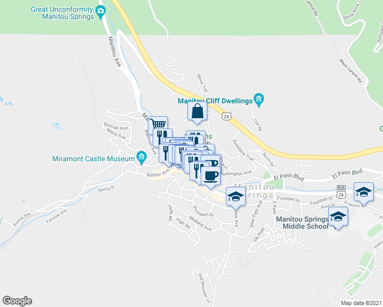 map of restaurants, bars, coffee shops, grocery stores, and more near 307 Canon Avenue in Manitou Springs