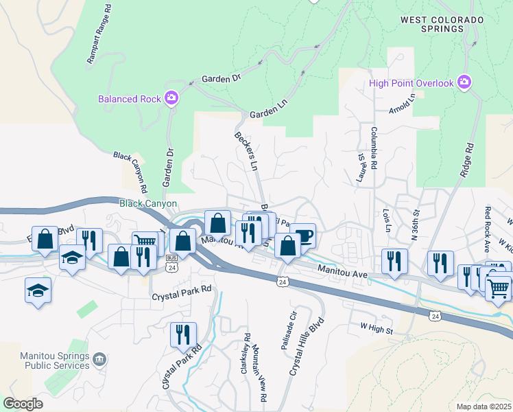 map of restaurants, bars, coffee shops, grocery stores, and more near 105 Vía San Miguel in Manitou Springs