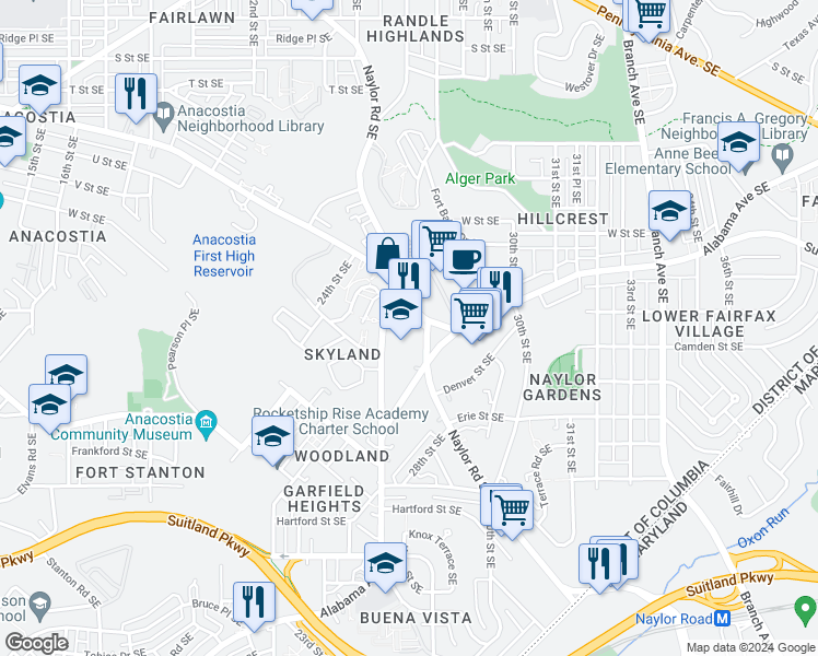 map of restaurants, bars, coffee shops, grocery stores, and more near 2529 Good Hope Road Southeast in Washington