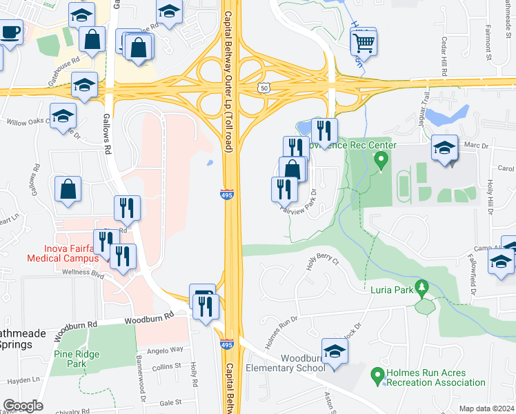 map of restaurants, bars, coffee shops, grocery stores, and more near 3130 Fairview Park Drive in Falls Church
