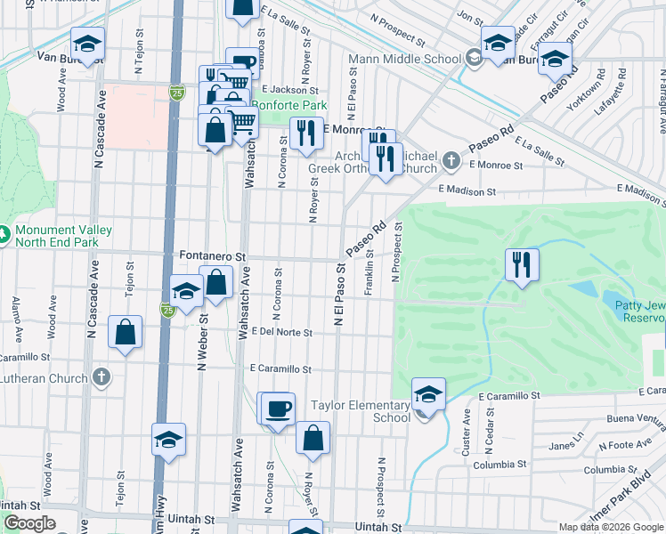 map of restaurants, bars, coffee shops, grocery stores, and more near 616 East Fontanero Street in Colorado Springs
