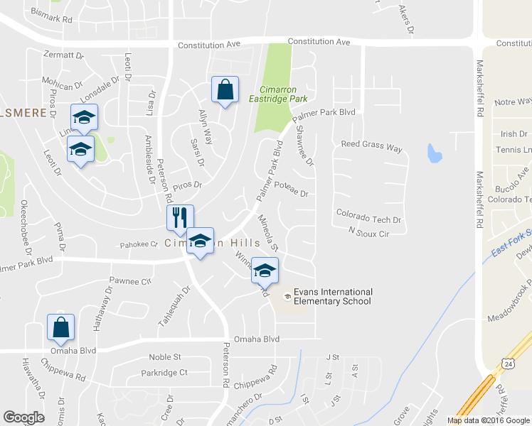 map of restaurants, bars, coffee shops, grocery stores, and more near 7065 Palmer Park Boulevard in Colorado Springs