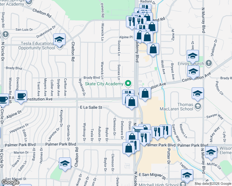 map of restaurants, bars, coffee shops, grocery stores, and more near 1919 Berkshire Lane in Colorado Springs