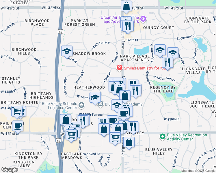 map of restaurants, bars, coffee shops, grocery stores, and more near in Overland Park