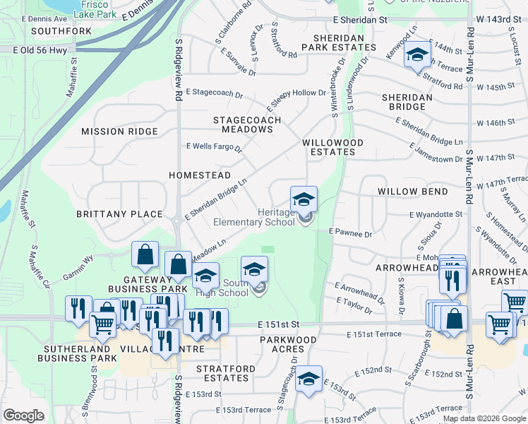 map of restaurants, bars, coffee shops, grocery stores, and more near 1412 South Montebello Lane in Olathe