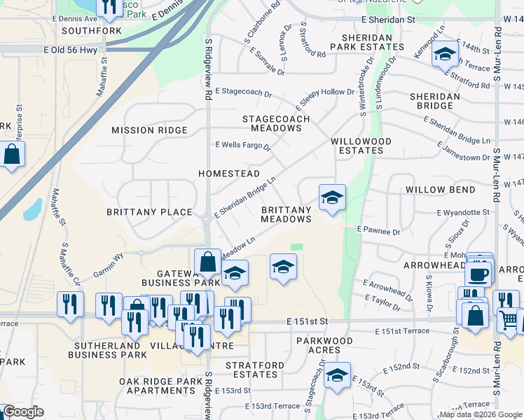 map of restaurants, bars, coffee shops, grocery stores, and more near 1402 South Sheridan Bridge Court in Olathe