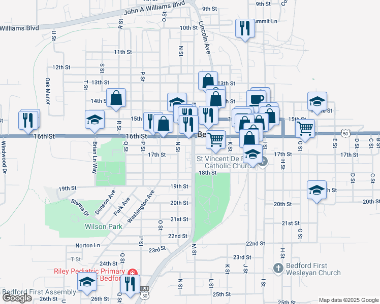 map of restaurants, bars, coffee shops, grocery stores, and more near 1625 M Street in Bedford