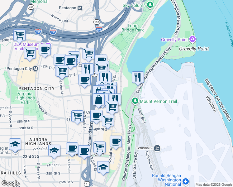 map of restaurants, bars, coffee shops, grocery stores, and more near 1505 Crystal Drive in Arlington