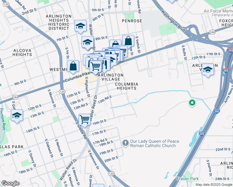 map of restaurants, bars, coffee shops, grocery stores, and more near 2615 13th Road South in Arlington