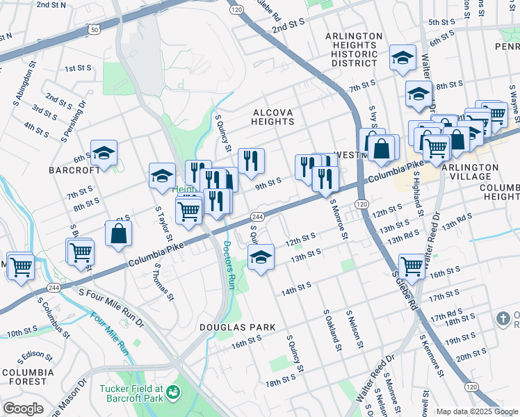 map of restaurants, bars, coffee shops, grocery stores, and more near 3918 9th Road South in Arlington