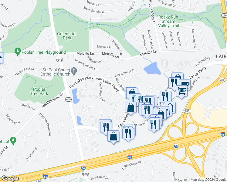 map of restaurants, bars, coffee shops, grocery stores, and more near 13106 Autumn Woods Way in Fairfax