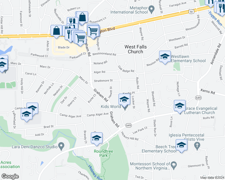 map of restaurants, bars, coffee shops, grocery stores, and more near 3209 Hewitt Street in Falls Church