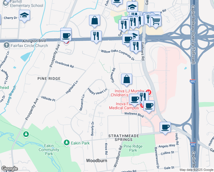map of restaurants, bars, coffee shops, grocery stores, and more near 3320 Monarch Lane in Annandale