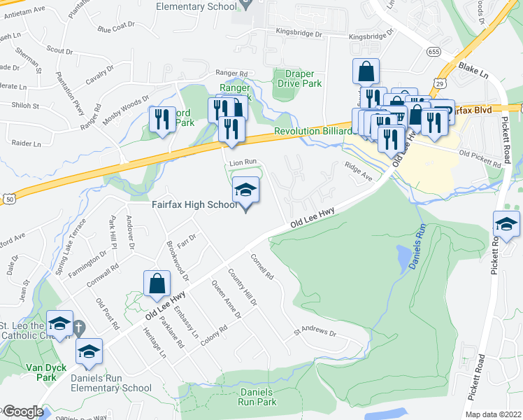 map of restaurants, bars, coffee shops, grocery stores, and more near Fairfax County Pkwy in Fairfax