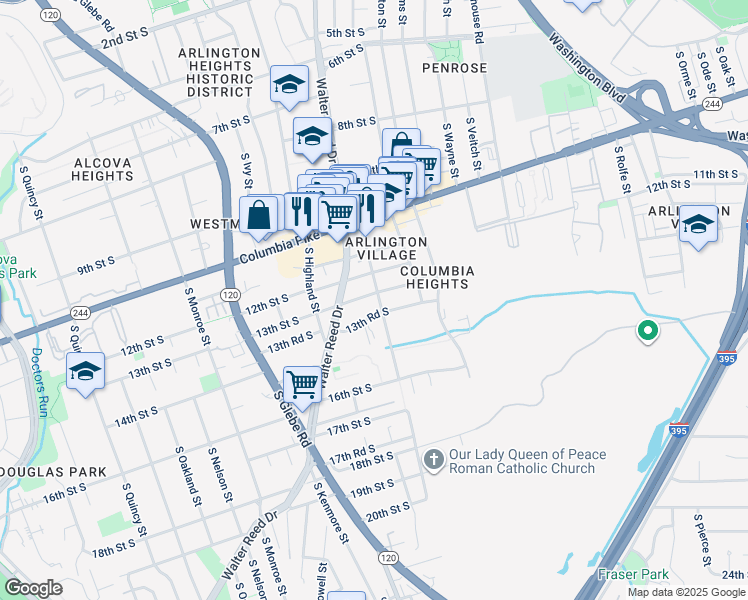 map of restaurants, bars, coffee shops, grocery stores, and more near 2802 13th Street South in Arlington