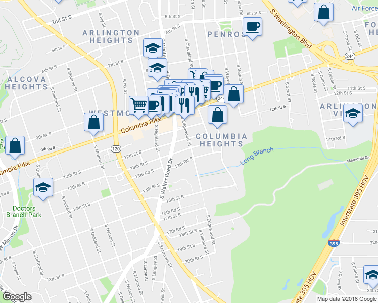 map of restaurants, bars, coffee shops, grocery stores, and more near 2802 13th Street South in Arlington