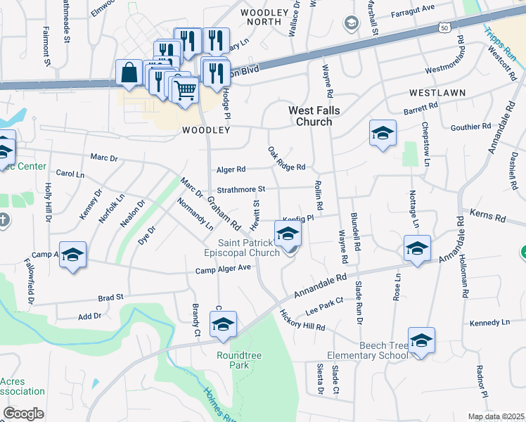 map of restaurants, bars, coffee shops, grocery stores, and more near 3209 Hewitt Street in Falls Church