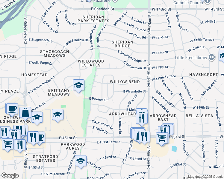 map of restaurants, bars, coffee shops, grocery stores, and more near 1413 South Pawnee Drive in Olathe
