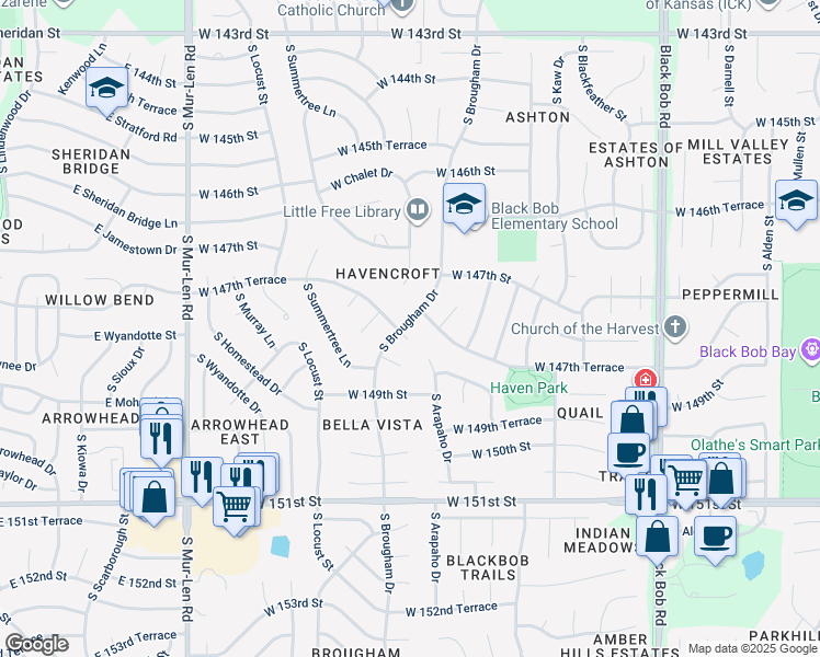 map of restaurants, bars, coffee shops, grocery stores, and more near 14801 South Brougham Drive in Olathe
