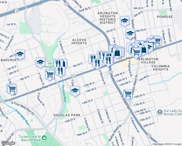 map of restaurants, bars, coffee shops, grocery stores, and more near 3710 Columbia Pike in Arlington