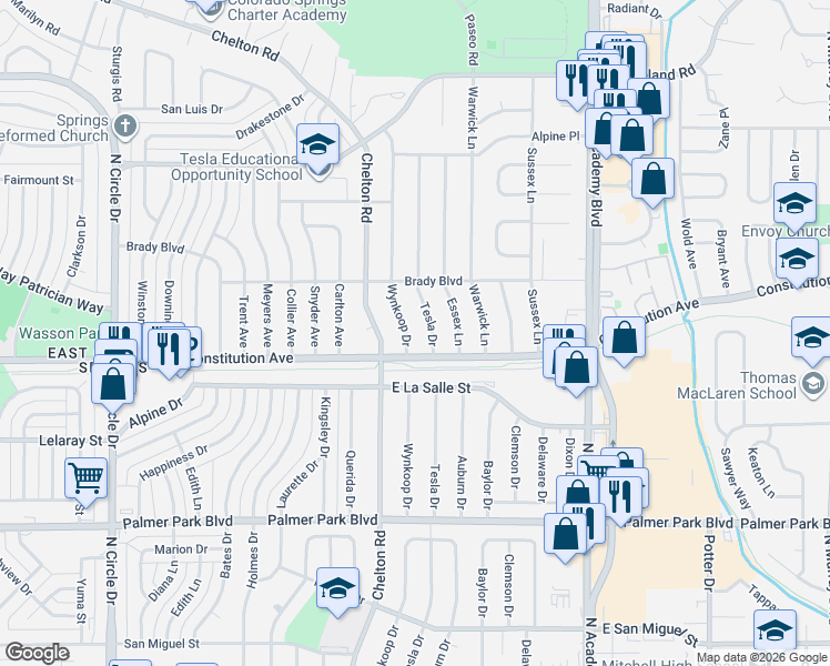 map of restaurants, bars, coffee shops, grocery stores, and more near 1927 Wynkoop Drive in Colorado Springs