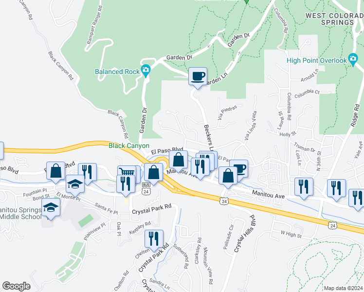 map of restaurants, bars, coffee shops, grocery stores, and more near 110 Vía San Miguel in Manitou Springs