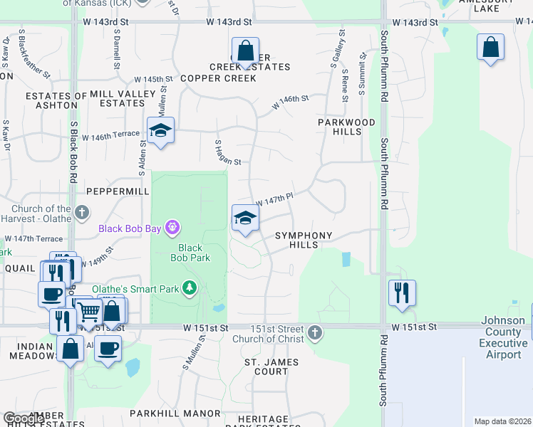 map of restaurants, bars, coffee shops, grocery stores, and more near 14067 West 147th Place in Olathe