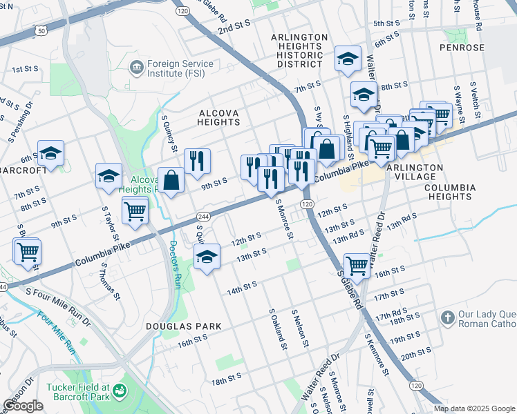map of restaurants, bars, coffee shops, grocery stores, and more near 2040 Columbia Pike in Arlington