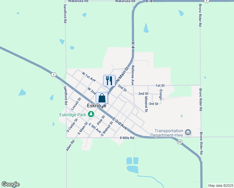map of restaurants, bars, coffee shops, grocery stores, and more near 410 East 1st Avenue in Eskridge