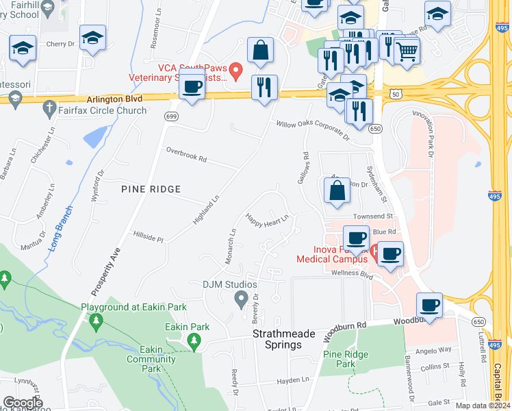 map of restaurants, bars, coffee shops, grocery stores, and more near 3339 Monarch Lane in Annandale