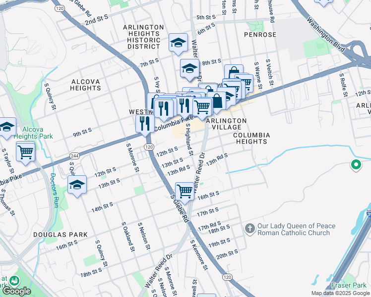 map of restaurants, bars, coffee shops, grocery stores, and more near 3106 12th Street South in Arlington