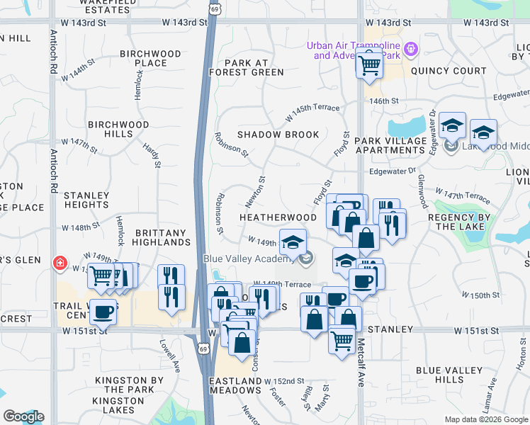 map of restaurants, bars, coffee shops, grocery stores, and more near 7621 West 148th Street in Overland Park