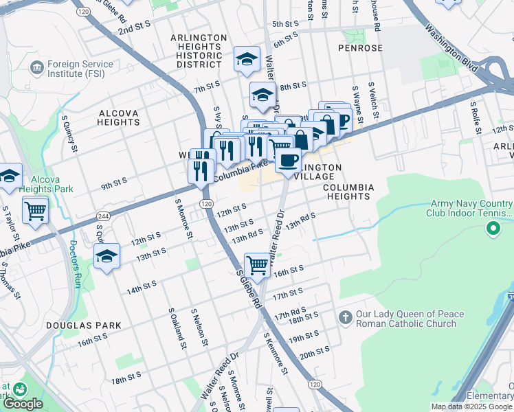map of restaurants, bars, coffee shops, grocery stores, and more near 3106 12th Street South in Arlington