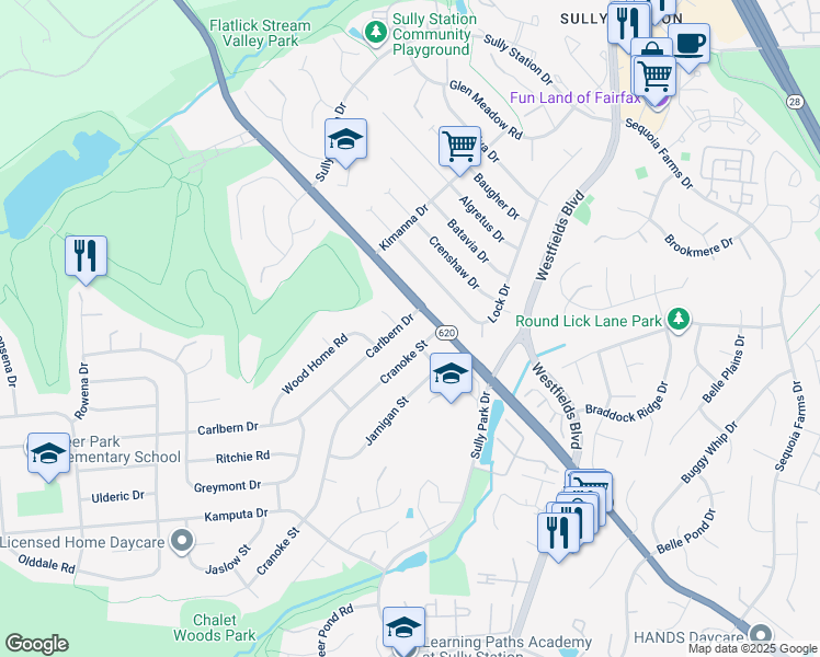 map of restaurants, bars, coffee shops, grocery stores, and more near 14705 Carlbern Drive in Centreville