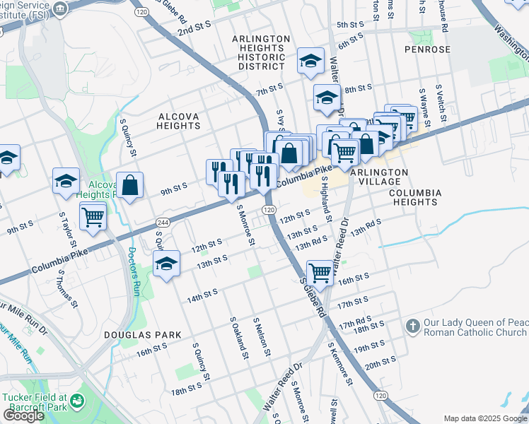 map of restaurants, bars, coffee shops, grocery stores, and more near 3408 11th Street South in Arlington