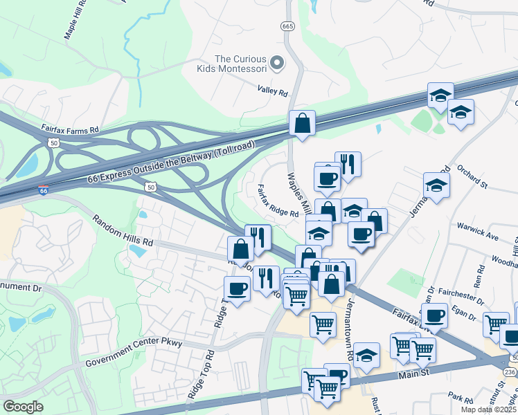 map of restaurants, bars, coffee shops, grocery stores, and more near 11355 Aristotle Drive in Fairfax