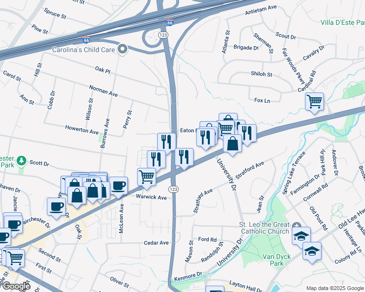 map of restaurants, bars, coffee shops, grocery stores, and more near 3565 Chain Bridge Road in Fairfax