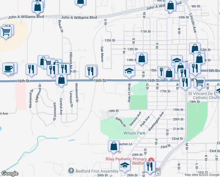 map of restaurants, bars, coffee shops, grocery stores, and more near 2024 16th Street in Bedford