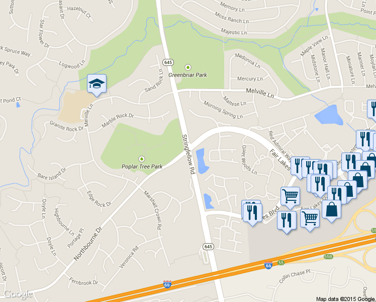 map of restaurants, bars, coffee shops, grocery stores, and more near Stringfellow Rd & Fair Lakes Pkwy in Chantilly