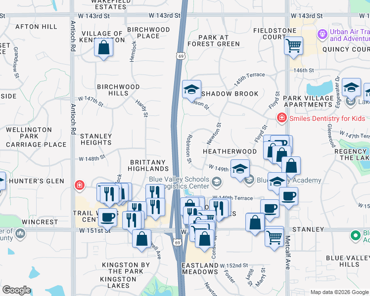 map of restaurants, bars, coffee shops, grocery stores, and more near 14832 Robinson Street in Overland Park