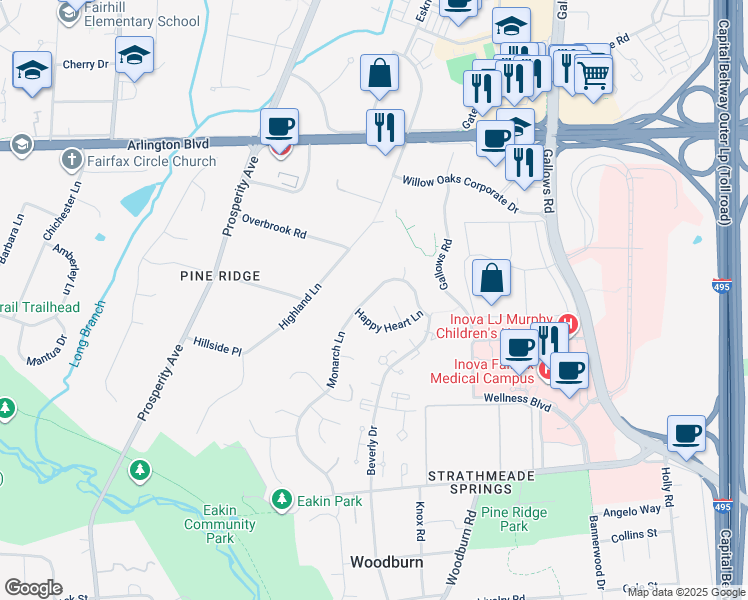 map of restaurants, bars, coffee shops, grocery stores, and more near 3339 Monarch Lane in Annandale