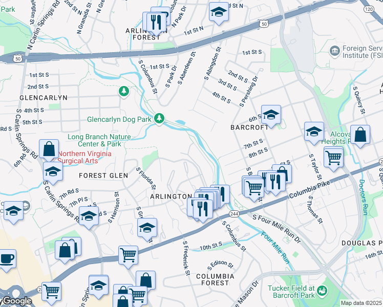 map of restaurants, bars, coffee shops, grocery stores, and more near 802 South Arlington Mill Drive in Arlington