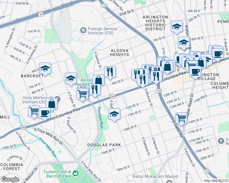 map of restaurants, bars, coffee shops, grocery stores, and more near 3944 9th Road South in Arlington