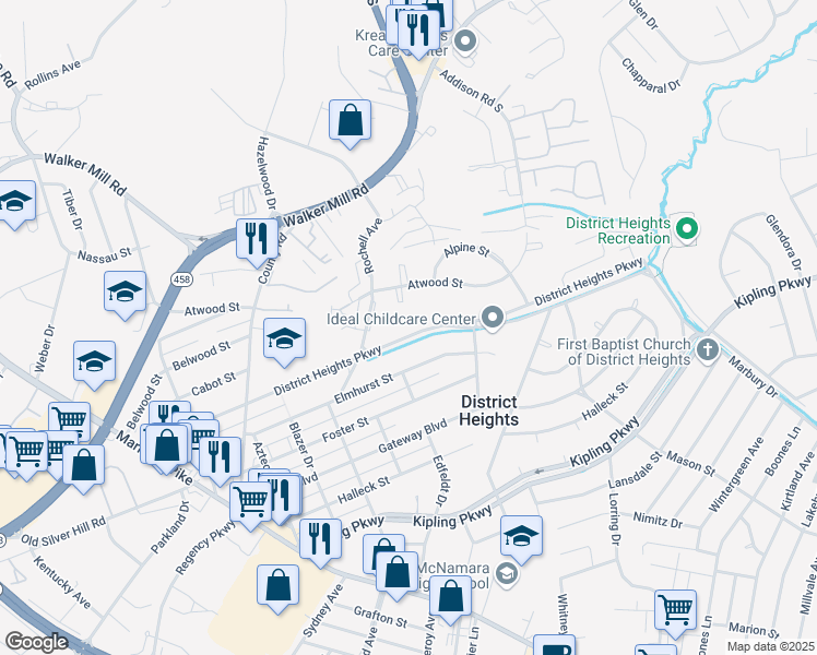 map of restaurants, bars, coffee shops, grocery stores, and more near 6608 District Heights Parkway in District Heights