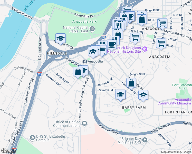 map of restaurants, bars, coffee shops, grocery stores, and more near 2516 Sheridan Road Southeast in Washington