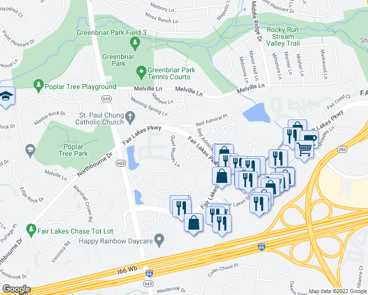 map of restaurants, bars, coffee shops, grocery stores, and more near 13110 Tall Shadows Lane in Fairfax