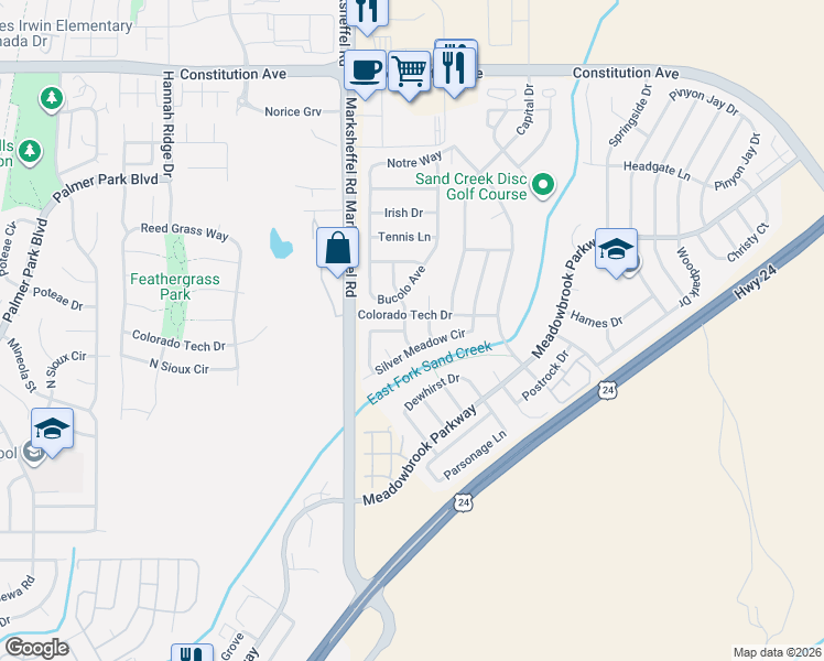 map of restaurants, bars, coffee shops, grocery stores, and more near 2047 Velliquette Lane in Colorado Springs
