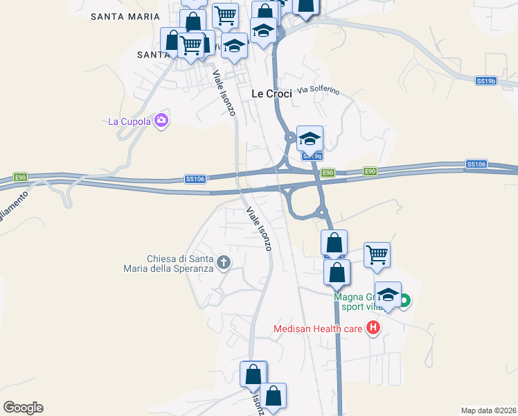 map of restaurants, bars, coffee shops, grocery stores, and more near 16 Via Abruzzi in Catanzaro